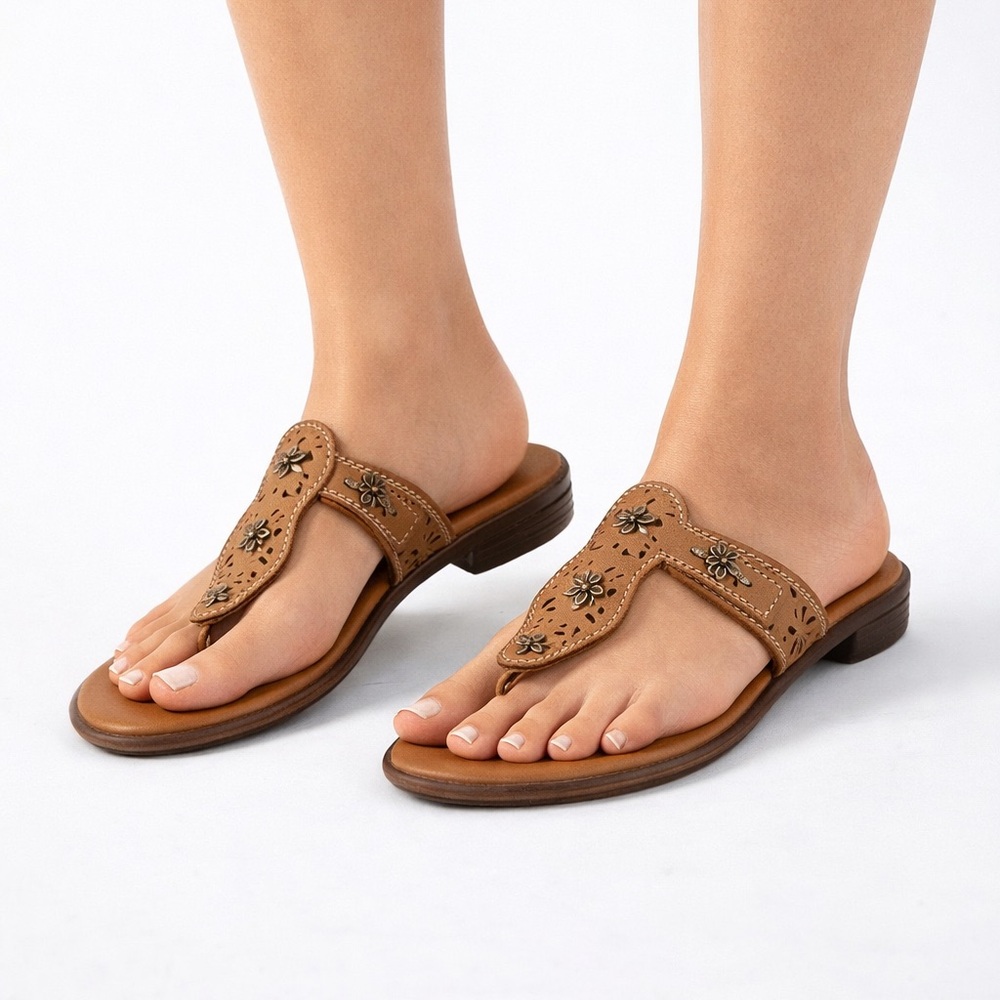 Marbell Brown Leather Floral Cutout Boho Casual Slip On Sandals Women’s Size 7